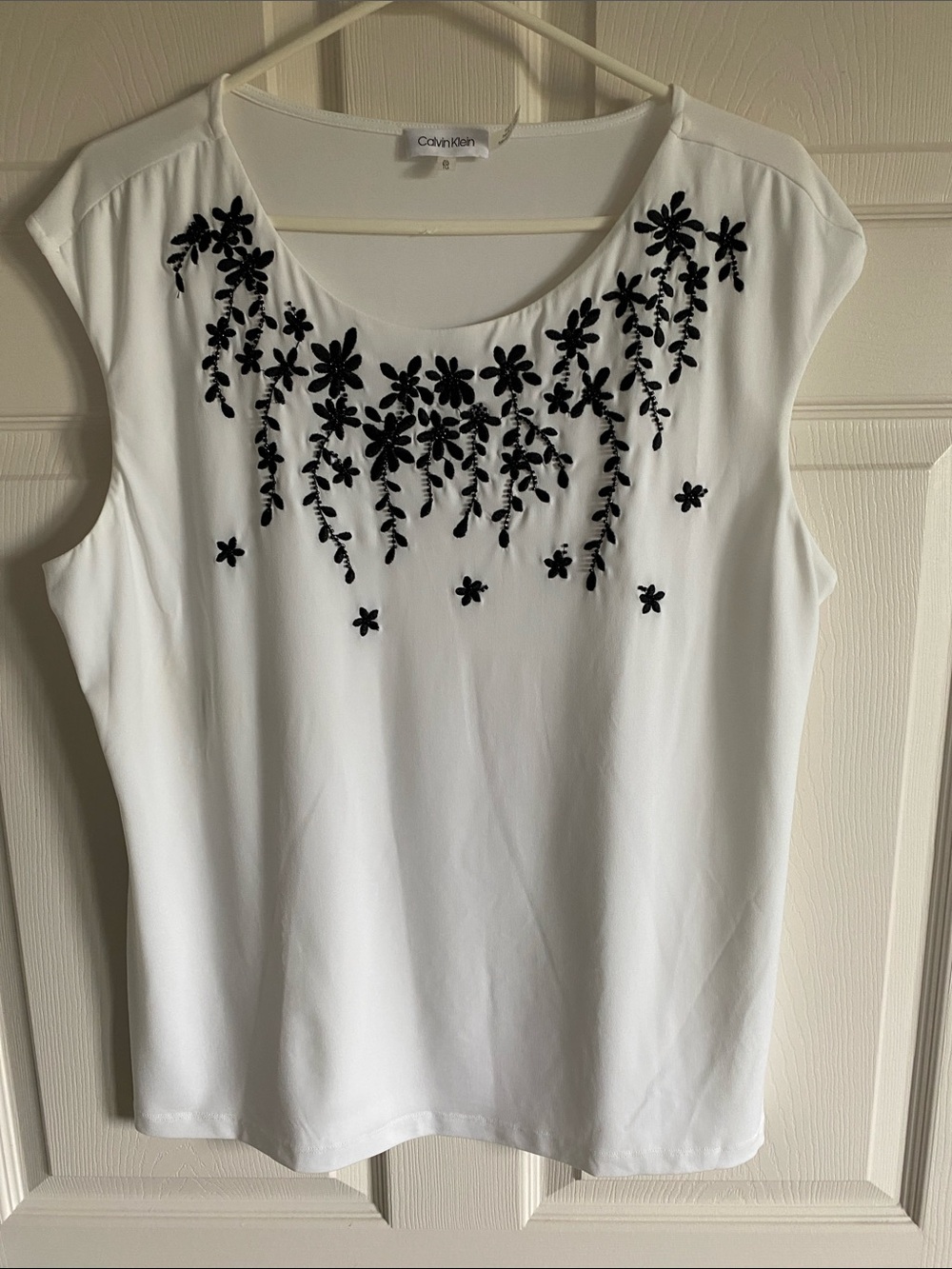 Calvin Klein White Tank Top with Black Floral Appliqué